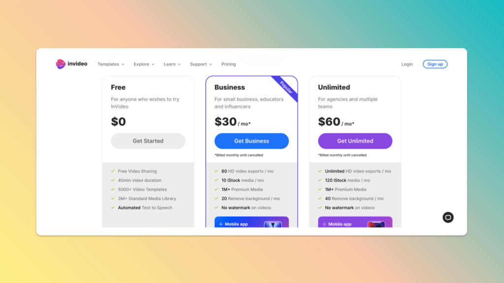 Invideo Pricing Page